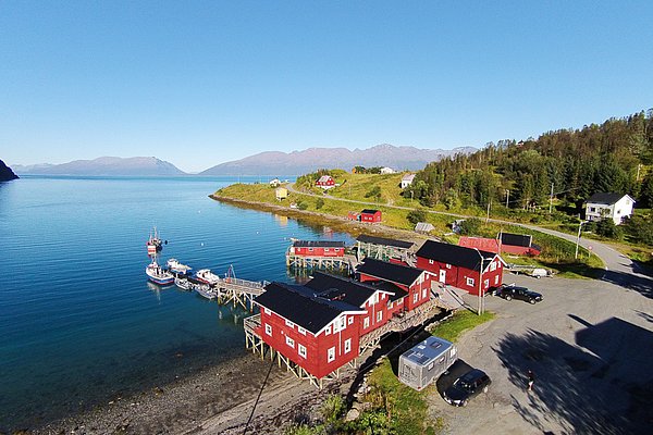 Idyllische Küstenlandschaft in Nord-Norwegen: Rote Fischerhütten am klaren Fjord, Boote im Wasser, umrahmt von grünen Hügeln und Bergen. Ideal für Angelreisen und Naturgenuss in malerischer Umgebung.