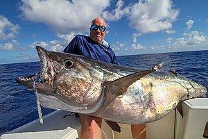 Ein Angler in einem blauen Shirt hält einen großen Thunfisch an Bord eines Bootes auf offenem Meer unter blauem Himmel.