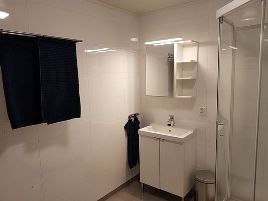 Helles, modernes Badezimmer in Nord-Norwegen mit weiß gefliesten Wänden, Duschkabine, Waschbecken und Spiegel, geeignet für einen komfortablen Angelurlaub. Perfekt für erholsame Momente nach einem erfolgreichen Angelausflug.