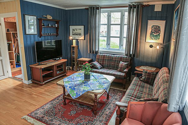 Gemütliches Wohnzimmer in Nord-Norwegen: Holzboden, blaue Wände, karierte Sofas, TV, traditioneller Teppich, kunstvolle Dekoration und viel Tageslicht schaffen eine einladende Atmosphäre für entspannte Angelurlaubsabende. Ideal für Erholung nach einem ereignisreichen Angeltag.