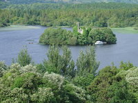 Ein üppig bewachsenes Inselchen mit einer Burgruine in einem See, umgeben von Waldlandschaft und einem Boot auf dem Wasser.