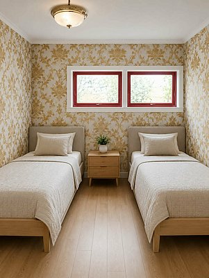 Gemütliches Schlafzimmer in Hitra, Norwegen: Zwei Einzelbetten mit beigen Bezügen, stilvolle Tapete mit goldenen Mustern, roter Fensterrahmen, Holzboden und Nachttisch mit Pflanze. Ideal für Erholung nach einem erfolgreichen Angeltag.