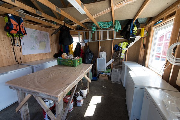Gemütlicher Angelraum in Nordland, Norwegen mit Holzinterieur. Ausrüstung, Rettungswesten und Tiefkühltruhen sind organisiert. Perfekt für Angelvorbereitungen beim Meeresangeln in skandinavischen Gewässern. Natürlicher Lichteinfall durch Fenster schafft angenehme Atmosphäre.
