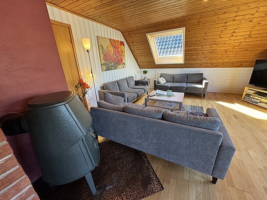 Ein gemütliches Wohnzimmer in Hitra, Norwegen, mit Holzdach, grauen Sofas, Kamin und einem großen Fenster, das viel Tageslicht bietet. Ideal für entspannte Abende nach einem erfolgreichen Angeltrip.