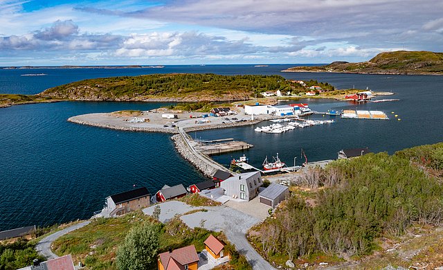 Luftaufnahme eines idyllischen Hafens in Hitra, Norwegen. Malerische Küstenlandschaft mit Booten, blauen Gewässern und grünen Inseln. Perfektes Ziel für Angelurlaub und Erholung. Ideal für Meeresangler auf der Suche nach Abenteuern.