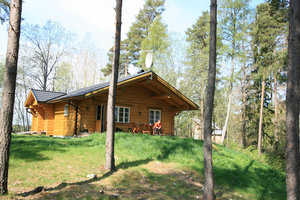 Gemütliches Blockhaus in Värmland, Schweden, umgeben von hohen Kiefern und grüner Natur. Ideal für einen ruhigen Angelurlaub in unberührter Landschaft. Perfekter Ausgangspunkt für Angelabenteuer und Erholung.