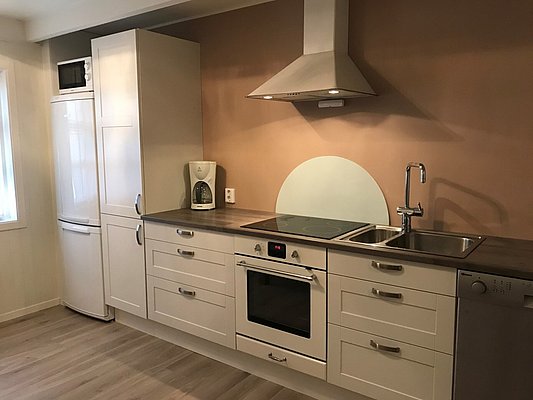 Moderne Küche in Hitra, Norwegen: gut ausgestattet mit Kühlschrank, Backofen, Herd, Spüle und Kaffeemaschine. Ideal für Angelreisende, um den Fang frisch zuzubereiten. Helle, einladende Atmosphäre für gemütliche Kochabende.