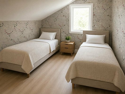 Gemütliches Schlafzimmer in Hitra, Norwegen: Zwei Einzelbetten, helle Tapete mit Blumenmuster, holzfarbener Boden, kleines Holz-Nachtkästchen mit Pflanze. Ideal für erholsamen Schlaf nach erfolgreichen Angeltagen.