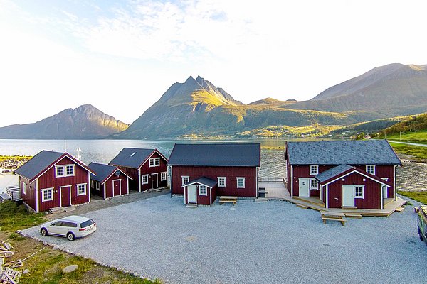 Rote Holzhütten am ruhigen Fjord in Nordland, Norwegen, umgeben von majestätischen Bergen. Perfekter Ausgangspunkt für Angelreisen und Naturerlebnisse. Klare Luft, malerische Landschaft und entspannte Atmosphäre laden zum Verweilen ein.
