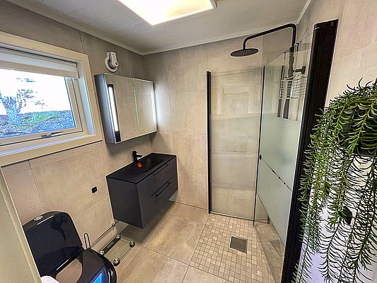 Modernes Badezimmer in Nord-Norwegen mit großer Dusche, elegantem schwarzen Waschtisch, beleuchtetem Spiegel und stilvollen Fliesen. Fenster bietet Tageslicht und grüne Pflanzen schaffen ein frisches Ambiente. Ideal für Angelreisende.