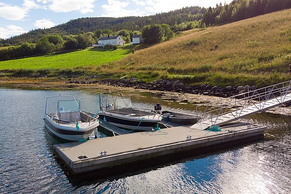 Ein idyllischer Anblick in Hitra, Norwegen: Boote ruhen an einem Steg im klaren Wasser, umgeben von grünen Wiesen und Wäldern. Perfekter Ausgangspunkt für einen unvergesslichen Angelurlaub im malerischen Skandinavien.