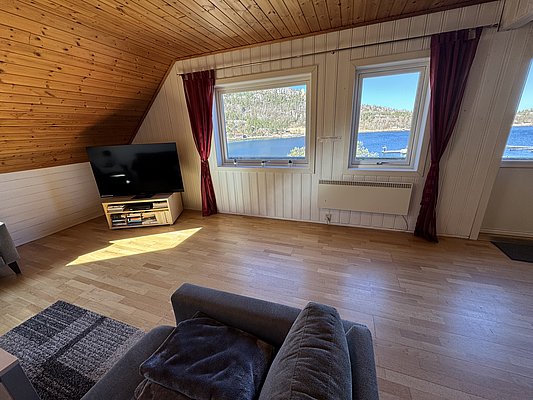Gemütliches Wohnzimmer mit Holzdecke in Hitra, Norwegen. Großzügiger Lichteinfall durch Fenster mit Blick auf den malerischen Fjord. Perfekter Rückzugsort für Angelabenteuer und Erholung.