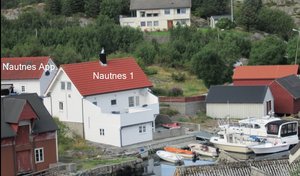 Häuser mit roten Dächern in einem malerischen Hafen in Südwest-Norwegen, umgeben von grüner Landschaft und Booten am Pier. Perfekt für einen erholsamen Angelurlaub in natürlicher Umgebung.