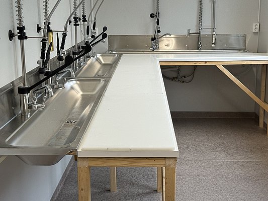 Moderne Fischreinigungsstation in Nord-Norwegen mit robusten Edelstahlspülen und großzügigen Arbeitsflächen, ideal für passionierte Angler. Perfekte Ausstattung für erfolgreiche Angelabenteuer in der unberührten Natur Skandinaviens.