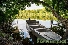 Ein einsames Boot liegt idyllisch im ruhigen Wasser, umrahmt von üppiger grüner Vegetation und spiegelnder Seeoberfläche in Südwest-Norwegen – ein perfekter Startpunkt für Angelabenteuer.