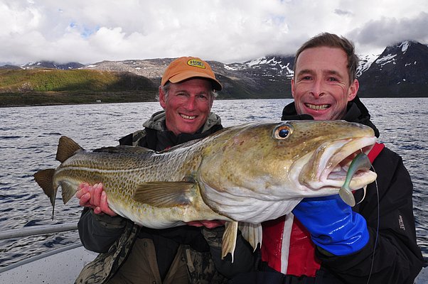 Zwei Angler präsentieren stolz einen großen Dorsch vor der atemberaubenden Kulisse Nord-Norwegens mit schneebedeckten Bergen und klarem Wasser. Perfekter Angelurlaub in Norwegen für Abenteurer und Naturliebhaber.
