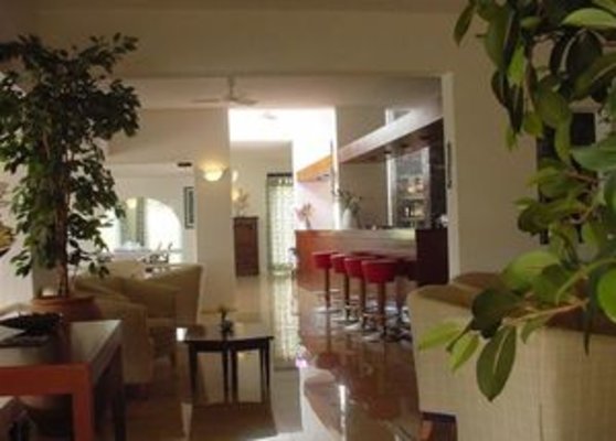 Ein modern eingerichtetes Wohnzimmer mit eleganten Pflanzen, gemütlichen Sitzbereichen und einer stilvollen Bar mit roten Hockern. Ein modern eingerichtetes Wohnzimmer mit eleganten Pflanzen, gemütlichen Sitzbereichen und einer stilvollen Bar mit roten Hockern.