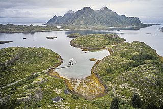 Luftaufnahme der idyllischen Küstenlandschaft in Nordland, Norwegen: grüne Inseln, stilles Wasser, Berge im Hintergrund, kleine Anlegestelle mit Booten. Ideal für naturverbundene Angelreisen und entspannende Abenteuerferien.