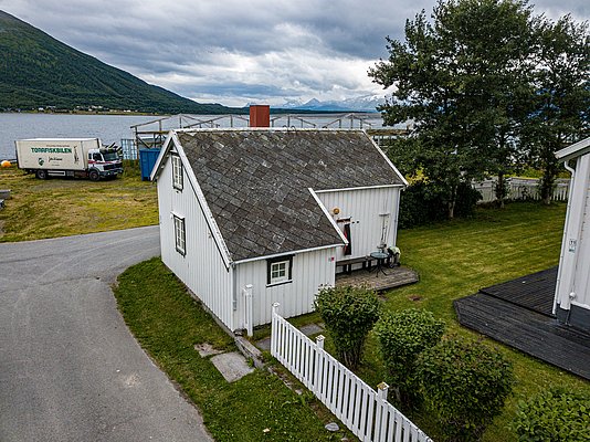 Weißes Holzhaus in Nord-Norwegen, umgeben von grünen Bäumen und Rasen mit Berg- und Meerblick im Hintergrund. Perfekte Kulisse für Angelabenteuer. Abenteuerlich, ruhig, idyllisch.