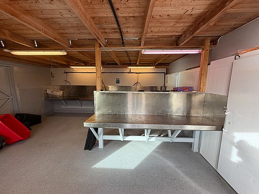 Moderner Filetierraum in Hitra, Norwegen, mit Edelstahlflächen und Holzdecke. Ideal für Anglerurlaube. Optimale Bedingungen zum Vorbereiten und Verarbeiten des Fangs nach einem erfolgreichen Angeltag in der atemberaubenden norwegischen Umgebung.