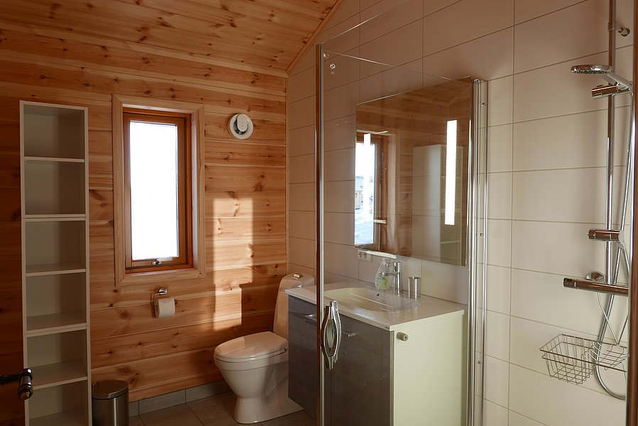 Helles Badezimmer auf einem Hausboot am River Shannon, Irland. Holzverkleidung, Dusche, Waschbecken und WC bieten komfortable Ausstattung in natürlicher Umgebung für entspannte Angelurlaube. Ideal für erholsames Reisen mit Blick auf den Fluss.