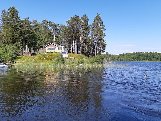 Ein gemütliches gelbes Haus steht auf einem von Kiefern bewachsenen Ufer eines ruhigen Sees, umgeben von üppiger Vegetation und klarem, blauem Himmel.