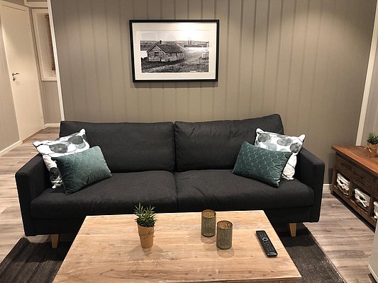 Gemütliches Wohnzimmer in Nord-Norwegen, mit dunkelgrauem Sofa, dekorativen Kissen und Holztisch. An der Wand ein Schwarz-Weiß-Foto, warmes Ambiente ideal für Entspannung nach einem Angeltag. Ideal für Angelurlaub in Norwegen.