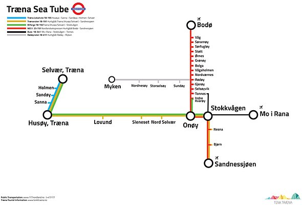 Erkunde das öffentliche Verkehrssystem in Nordland, Norwegen, mit der Træna-Linie. Diese Grafik zeigt Verbindungen zwischen Bodø, Sandnessjøen und Træna-Inseln, ideal für Reisende und Angler auf Entdeckungstour. Ideal für Angelreisen und Abenteuer.