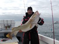 Ein Angler, der auf einem Boot steht, hält einen großen Fisch hoch, während im Hintergrund das Meer und Möwen zu sehen sind.
