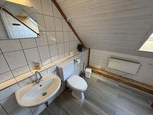 Ein gemütliches, helles Badezimmer in einer Angelhütte in Hitra, Norwegen, mit Holzwänden, Waschbecken, Toilette und Spiegelschrank. Ideal für einen komfortablen Angelurlaub.