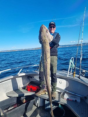 Angler auf Boot in Hitra, Norwegen, hält großen Fisch bei strahlendem Sonnenschein. Perfekter Tag für Meeresangeln und unvergessliche Angelreisen in der beeindruckenden skandinavischen Natur.