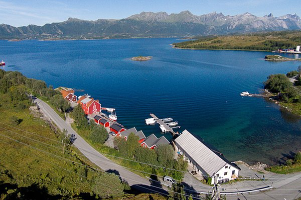 Küstenlandschaft in Nordland, Norwegen: Rote Holzhäuser und ein Pier am blauen Fjord vor majestätischen Bergen. Perfekter Ort für einen Angelurlaub, umgeben von atemberaubender Natur. Ideal für Erholung und Abenteuer.