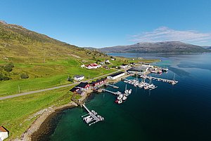 Luftaufnahme eines malerischen Hafens in Nord-Norwegen: Boote liegen an Stegen, umgeben von grünen Hügeln und klaren Gewässern. Perfekte Kulisse für Angelreisen mit atemberaubender Natur und Ruhe.